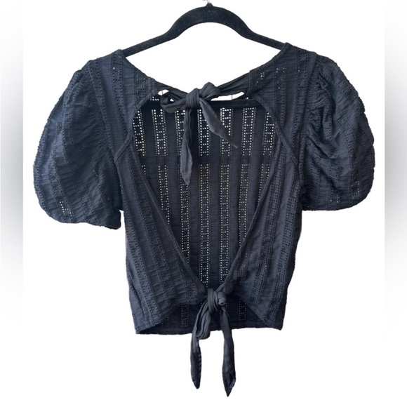 Free People “Star Struck” Eyelet Puff Sleeve Crop Top Black Open Back XS Cotton - Picture 5 of 11